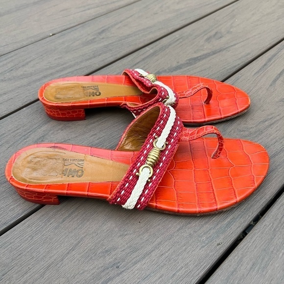 Salvatore Ferragamo red orange T strap rope crock embossed leather sandals 7.5 - Picture 8 of 16